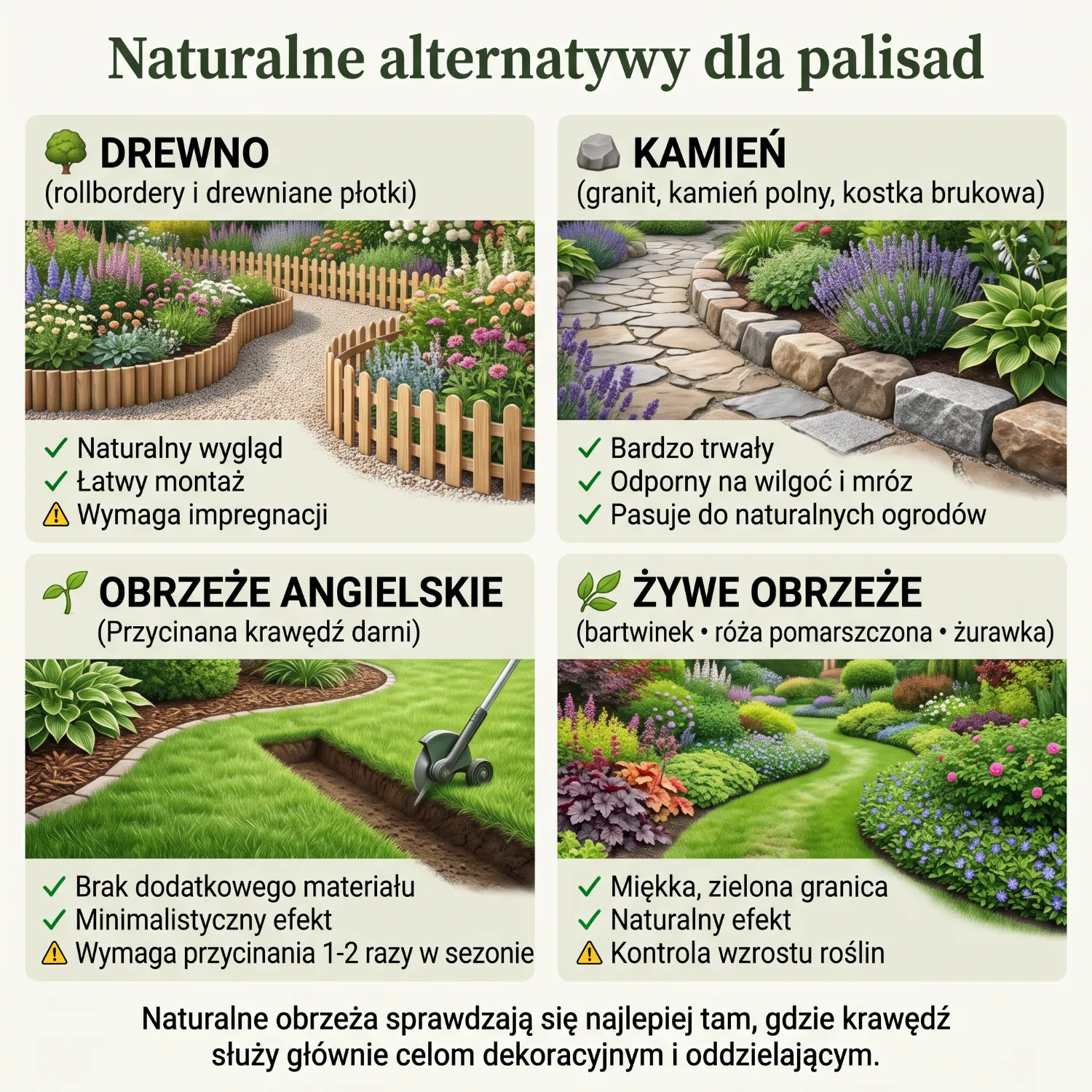 Na obrazku widać drewniane rollbordery, które oddzielają grządkę warzywną od zielonego trawnika w rustykalnym ogrodzie. Obrzeża te nadają przestrzeni estetyczny wygląd, tworząc wyraźne krawędzie między różnymi strefami ogrodu.
